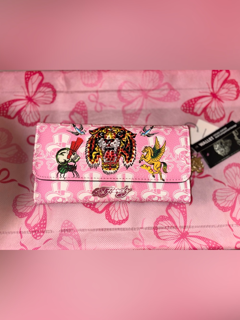 💖🐅 Ed Hardy Pink Rhinestone Tiger Skull Pegasus Wallet